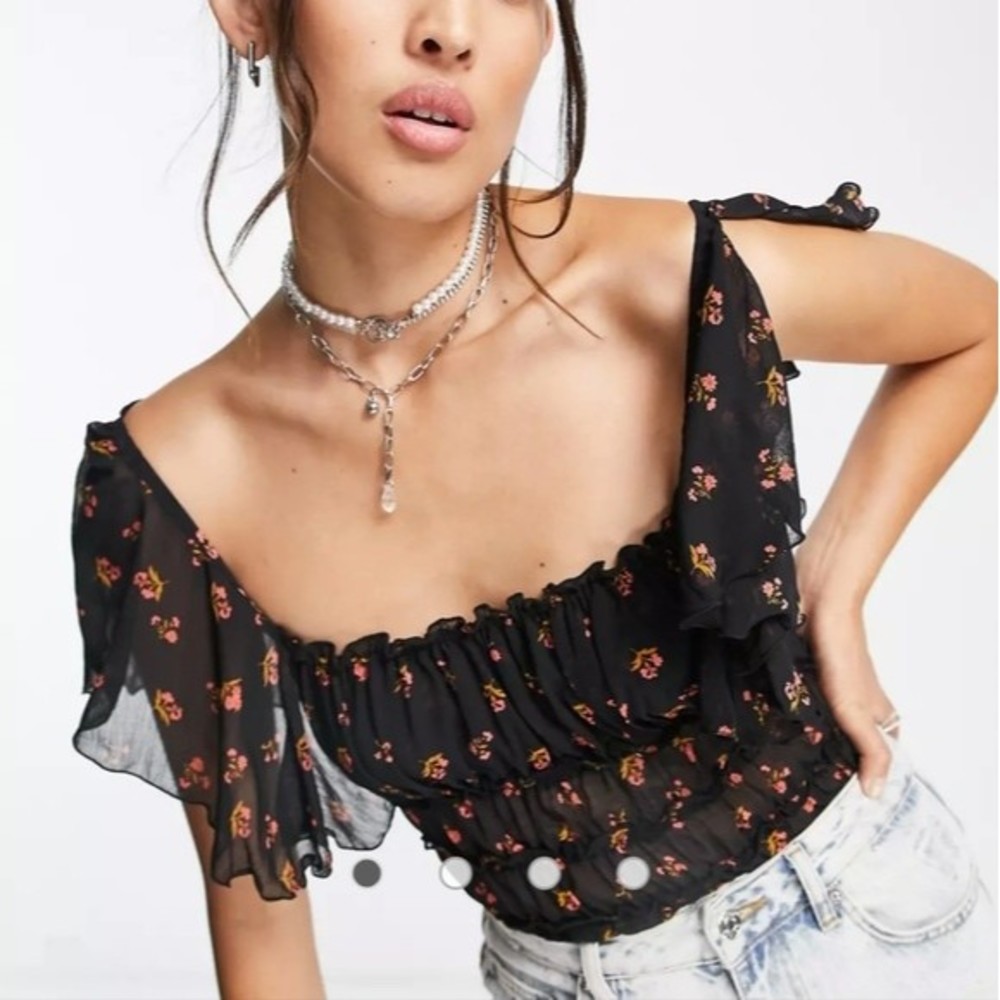 Free People Intimately juliet floral printed black ruffle bodysuit